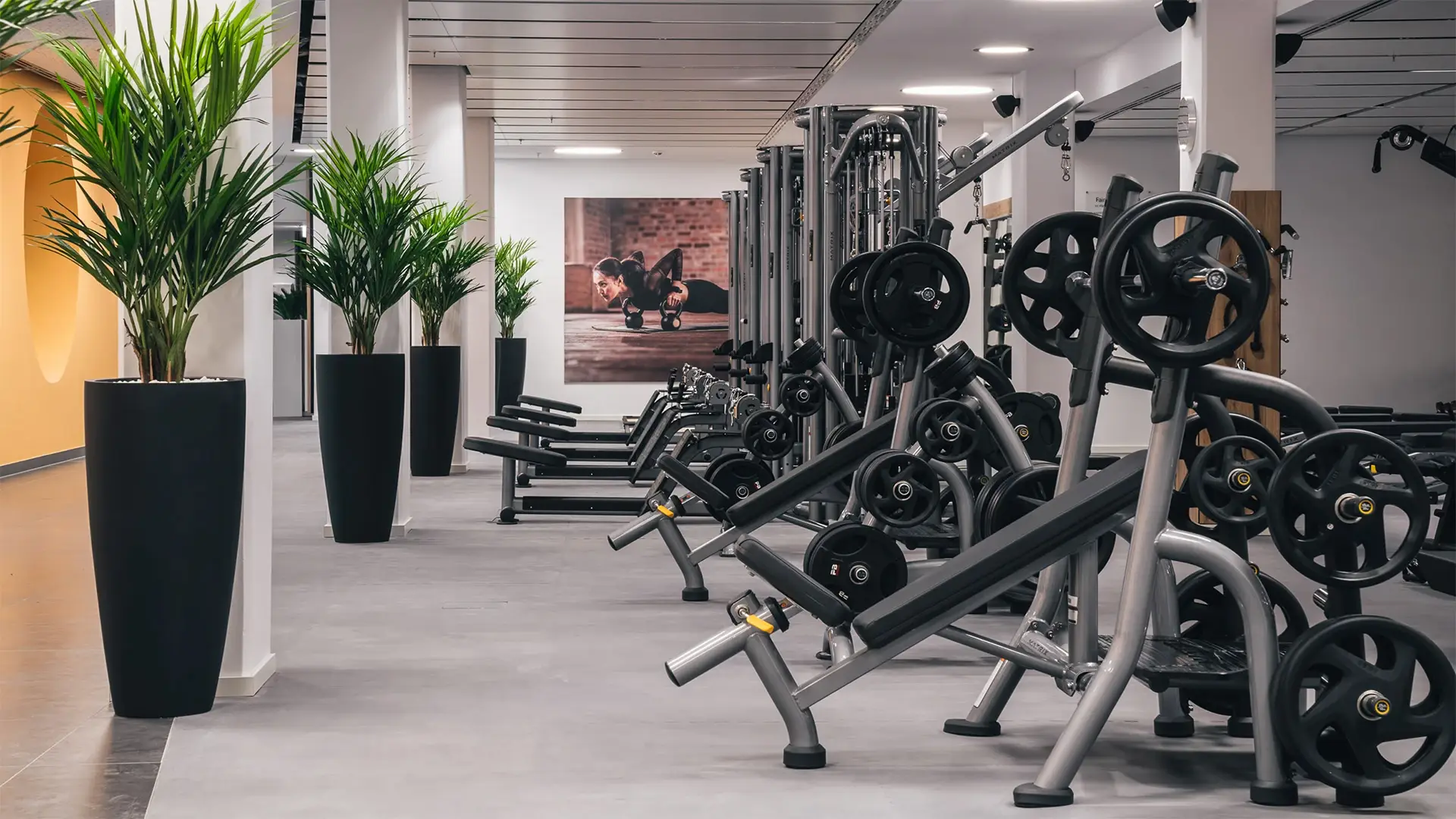 Modernes Fitnessstudio in München mit großzügigem Trainings- und Wellnessbereich für effektives Kraft- und Ausdauertraining sowie professioneller Fitnessbetreuung.