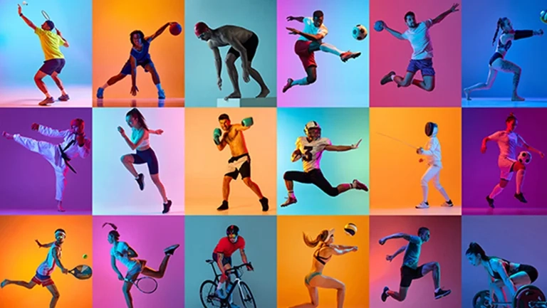 Verschiedenen Sportler in Motion bei einer Sportart. Bunte Kacheln.